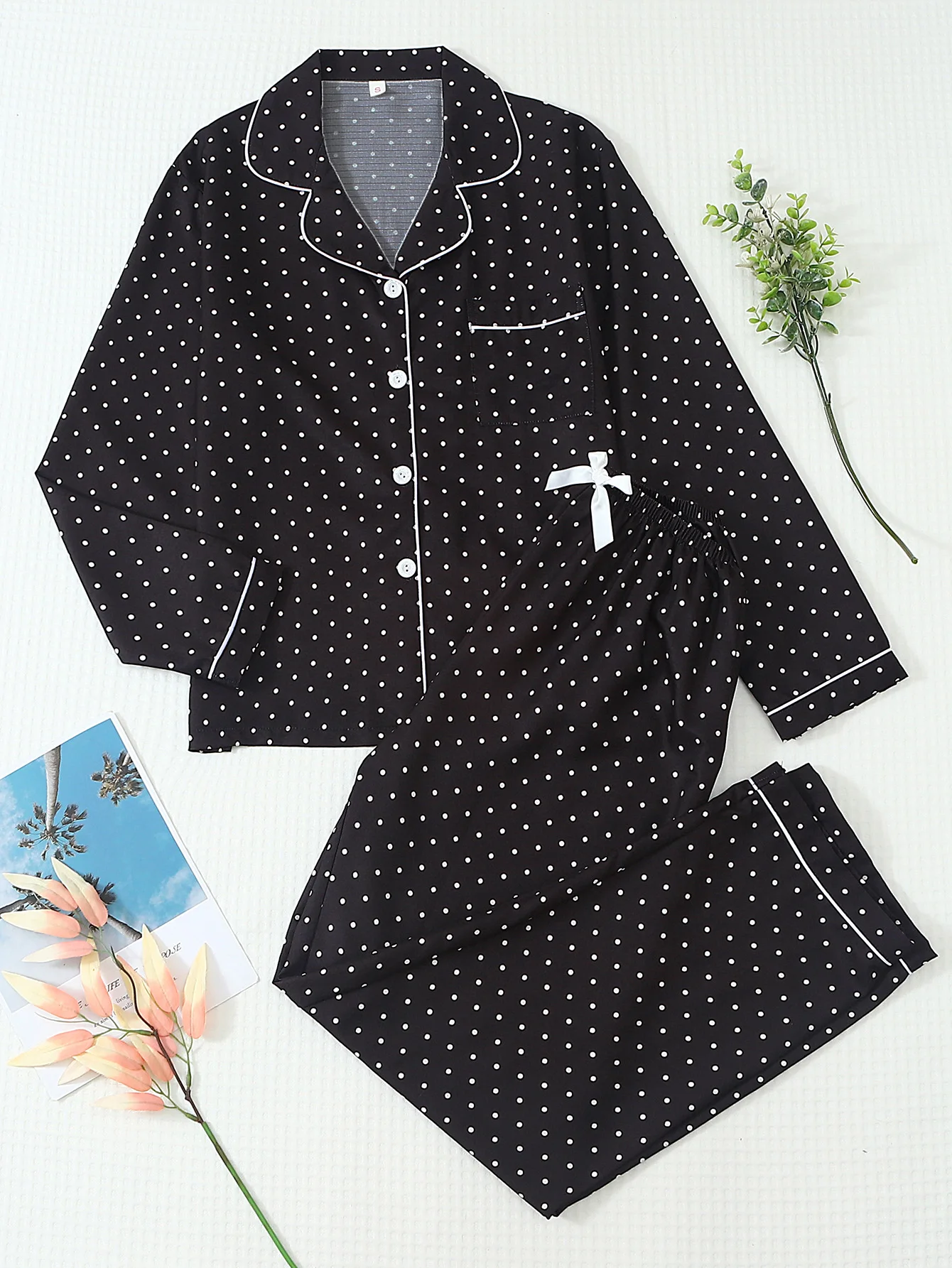 Two-Piece Comfortable Mini Dot Print Lapel Button-Up Top and Bow-Knot Trousers Women's Pajama Loungewear Set Suitable for Home Use