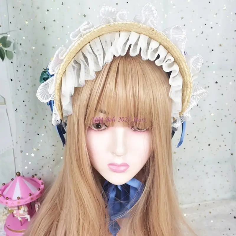 49ME 로리타 목가적 인 보닛 밀짚 모자 Sun C 용 달콤한 프릴 레이스 리본 보우 코스프레