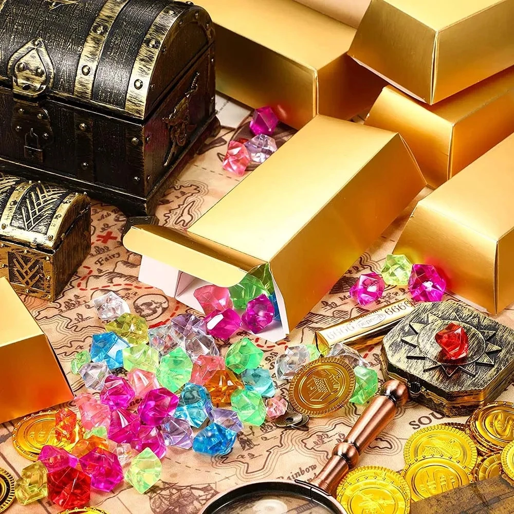 10Pcs Gold Bars Fake Bar Gift Box Golden Party Favor Chocolate Gold Coins Foil Treasure Brick Paper Box Pirate Casino Theme Deco