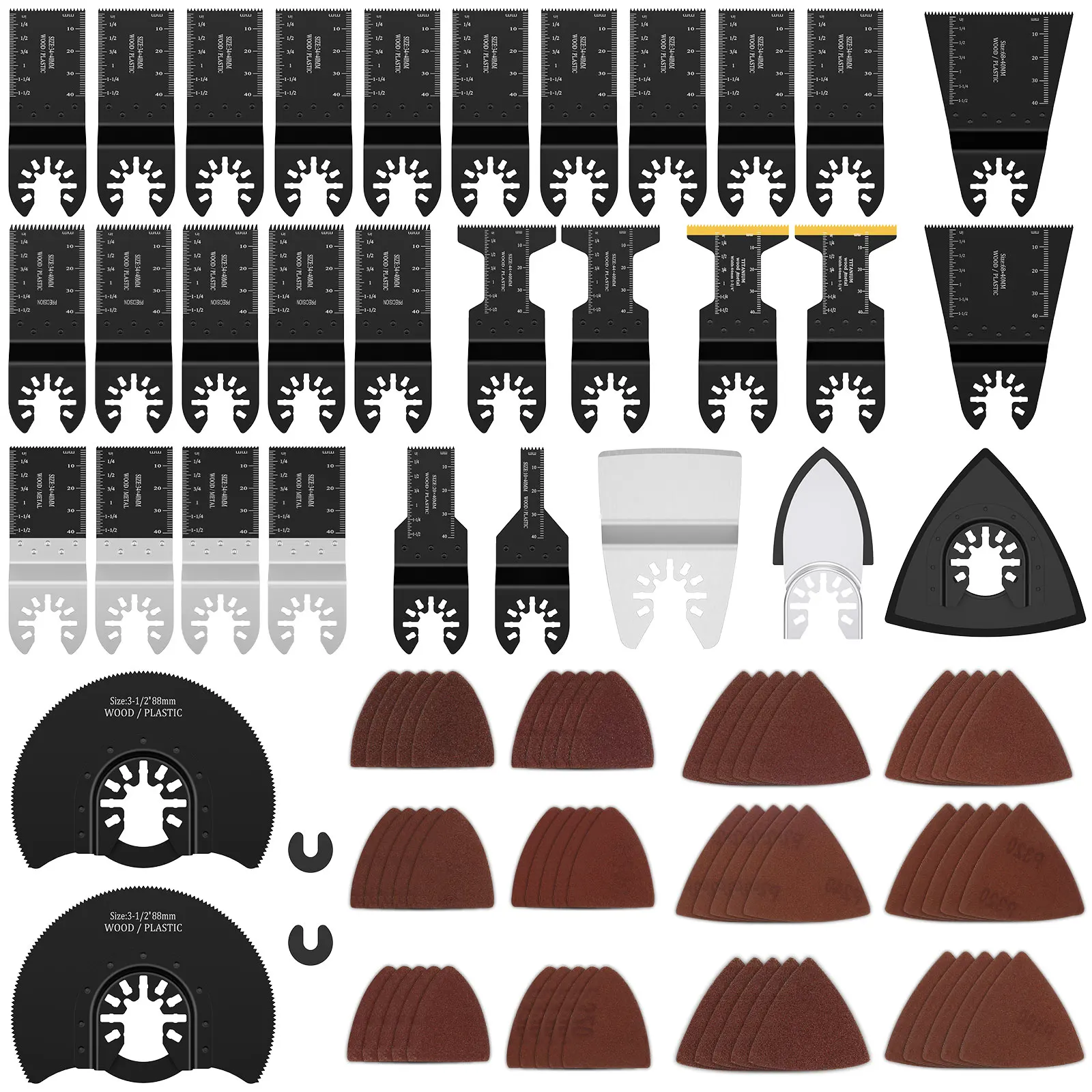 

94Pcs Bi Metal Oscillating Saw Blade Clear Scale Rust Resistant Multi Tool Blade Kit With Sanding Pad for Cutting Wood Metal