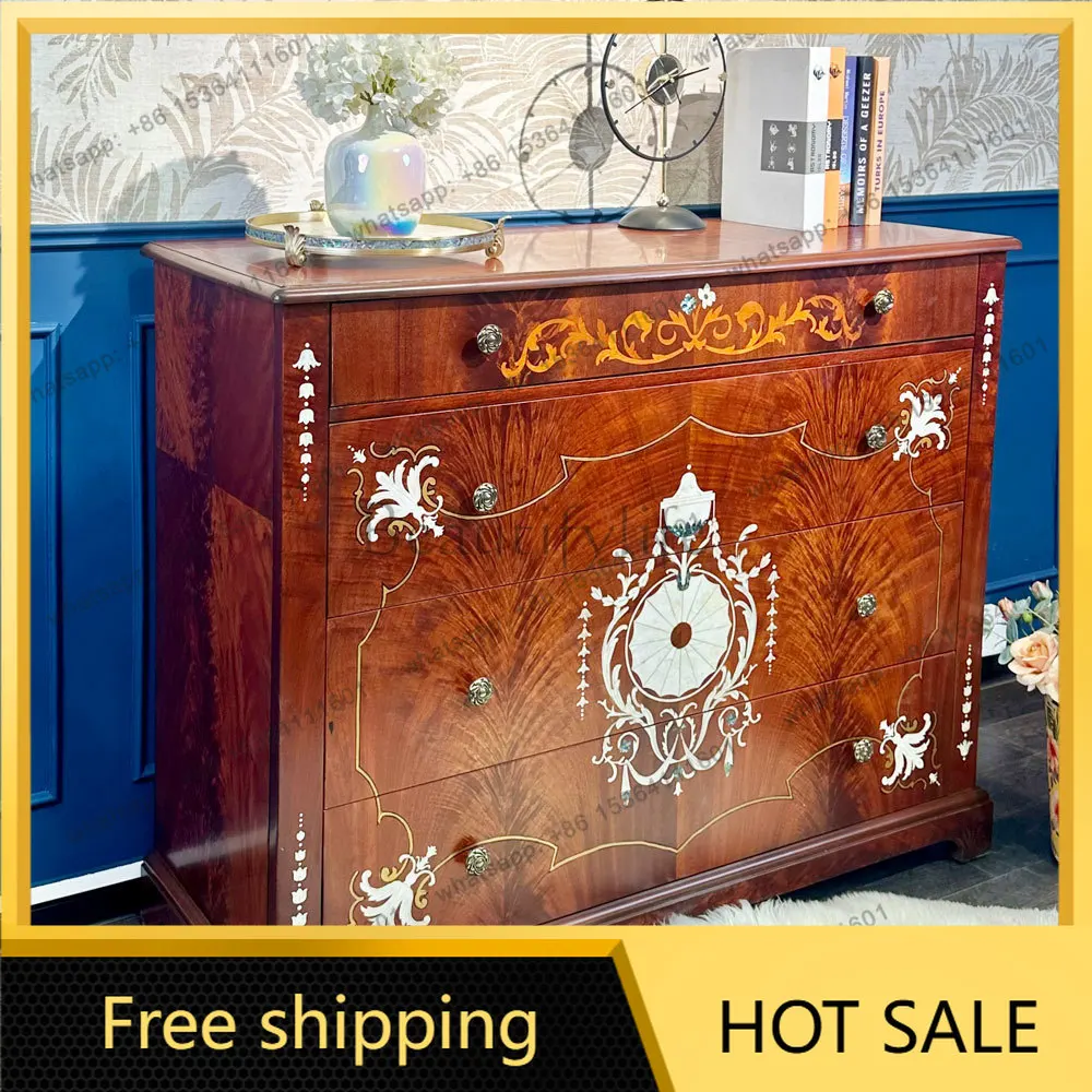 LD European-style vintage red shell inlaid with intangible cultural heritage mother-of-pearl inlay four-drawer cabinet