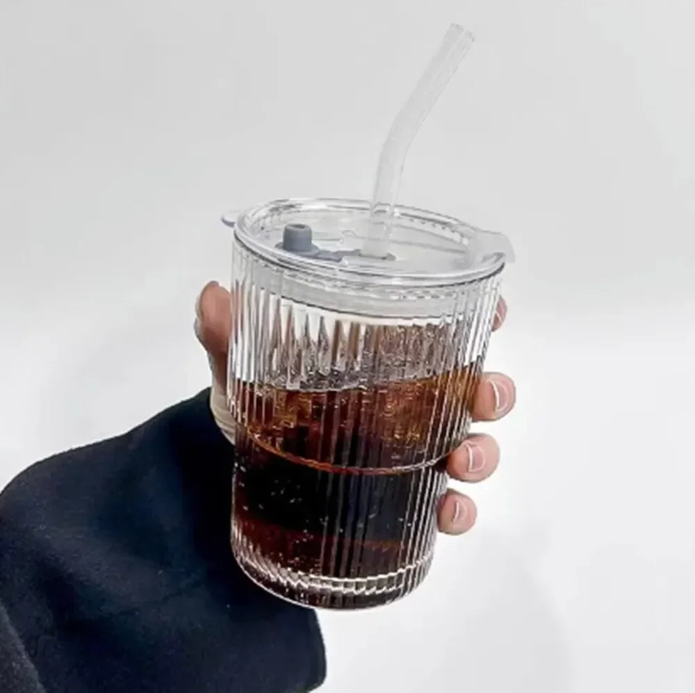 Glass Coffee Cups with Lids and Straw, Drinking Water Cup, Glass Cups with Lid