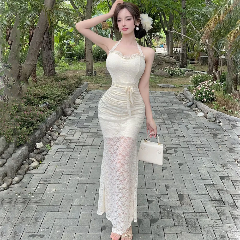 

Women Long Dress Sexy Lace Halter-neck Summer Light Luxury Celebrity Fish Tail Slim Fit Party Club