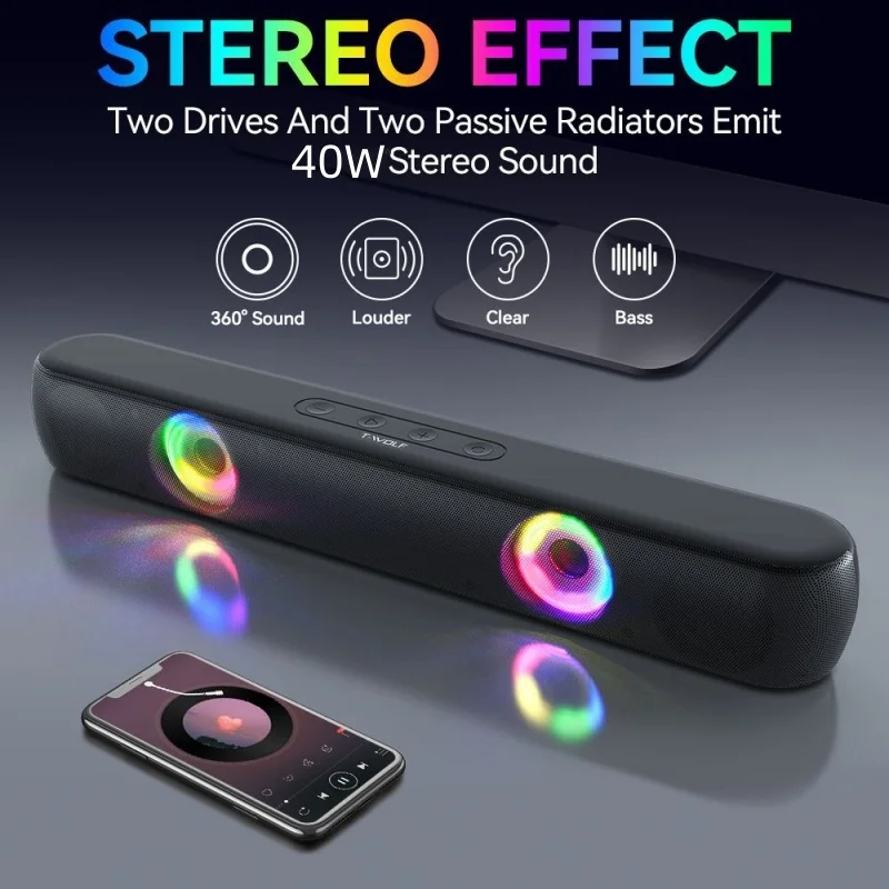 

40W high-power wireless Bluetooth long strip speaker portable RGB lights 3D stereo high-quality PC home subwoofer sound system