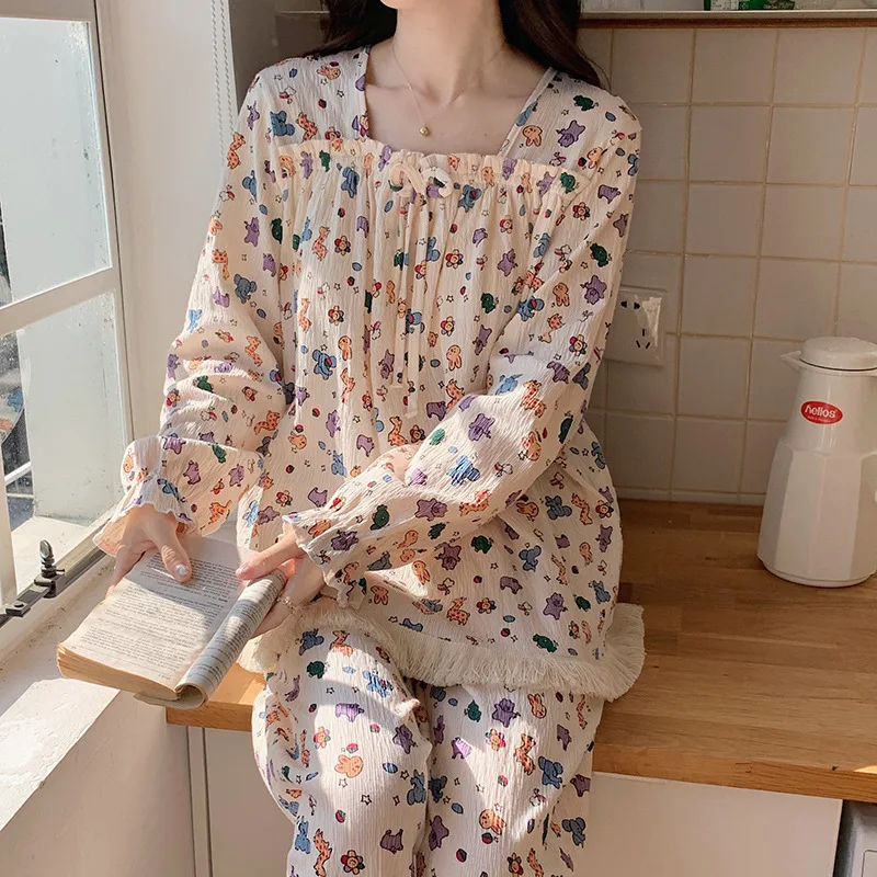 Kawaii Princess Nightdress Sleepwear for Women Ladies Nightgowns Spring Autumn Large Homesuit Roomwear Flower Cartoon Casual
