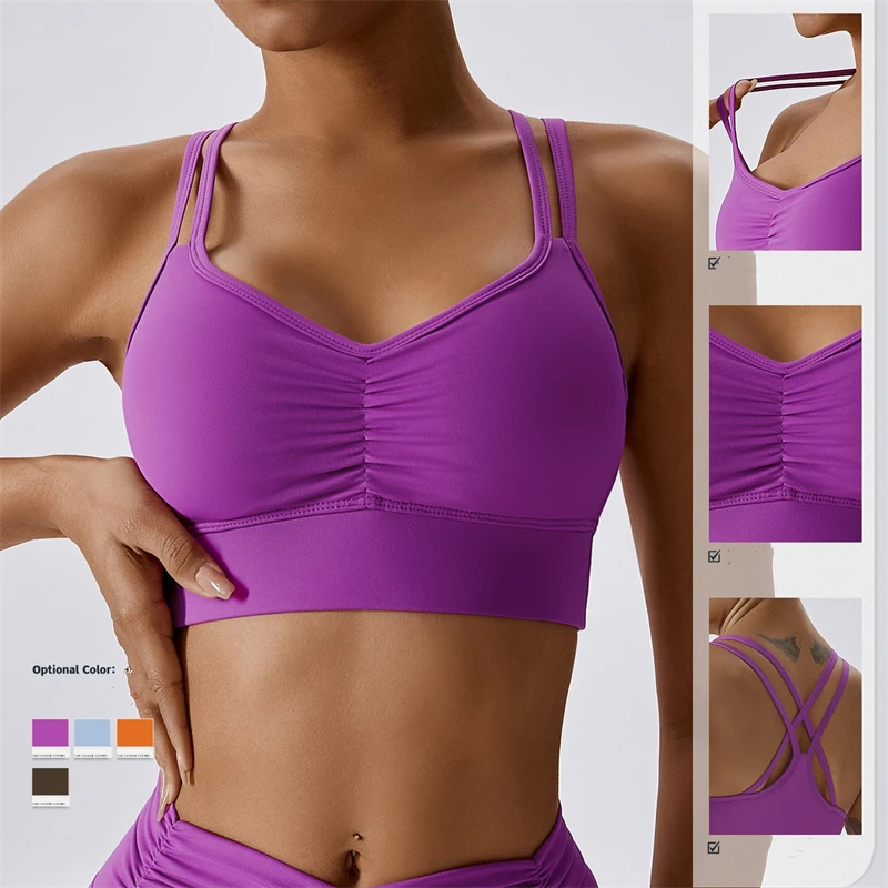 

Sexy Sling Pleats Gym Clothes Women Running Fitness Bra Shockproof Yoga Bra Breathable Sports Bra