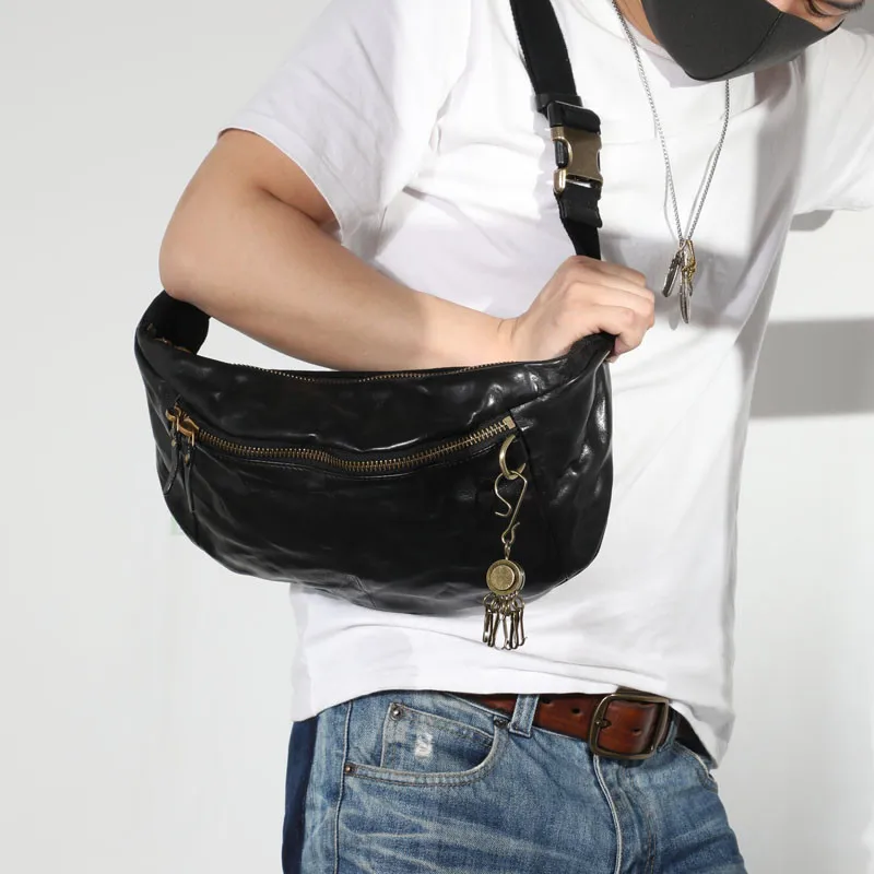 Fashion vintage high quality genuine leather men's chest bag casual teens large capacity real cowhide waist packs crossbody bag