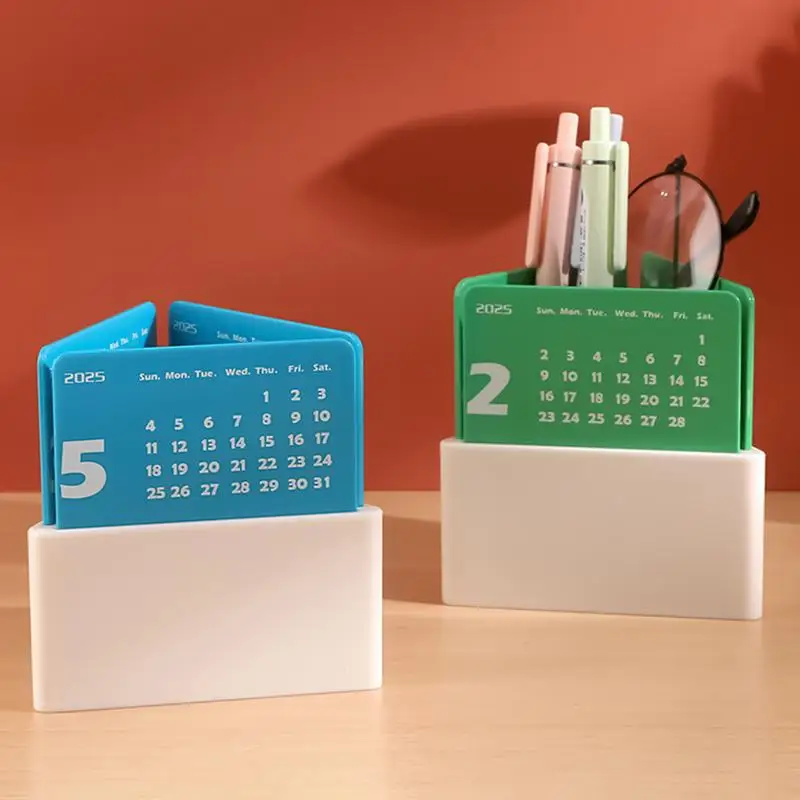 Calendário de mesa com suporte para caneta, calendário mensal de mesa com organizador de caneta, calendário de mesa 2025, suporte para caneta, prateleira de mesa