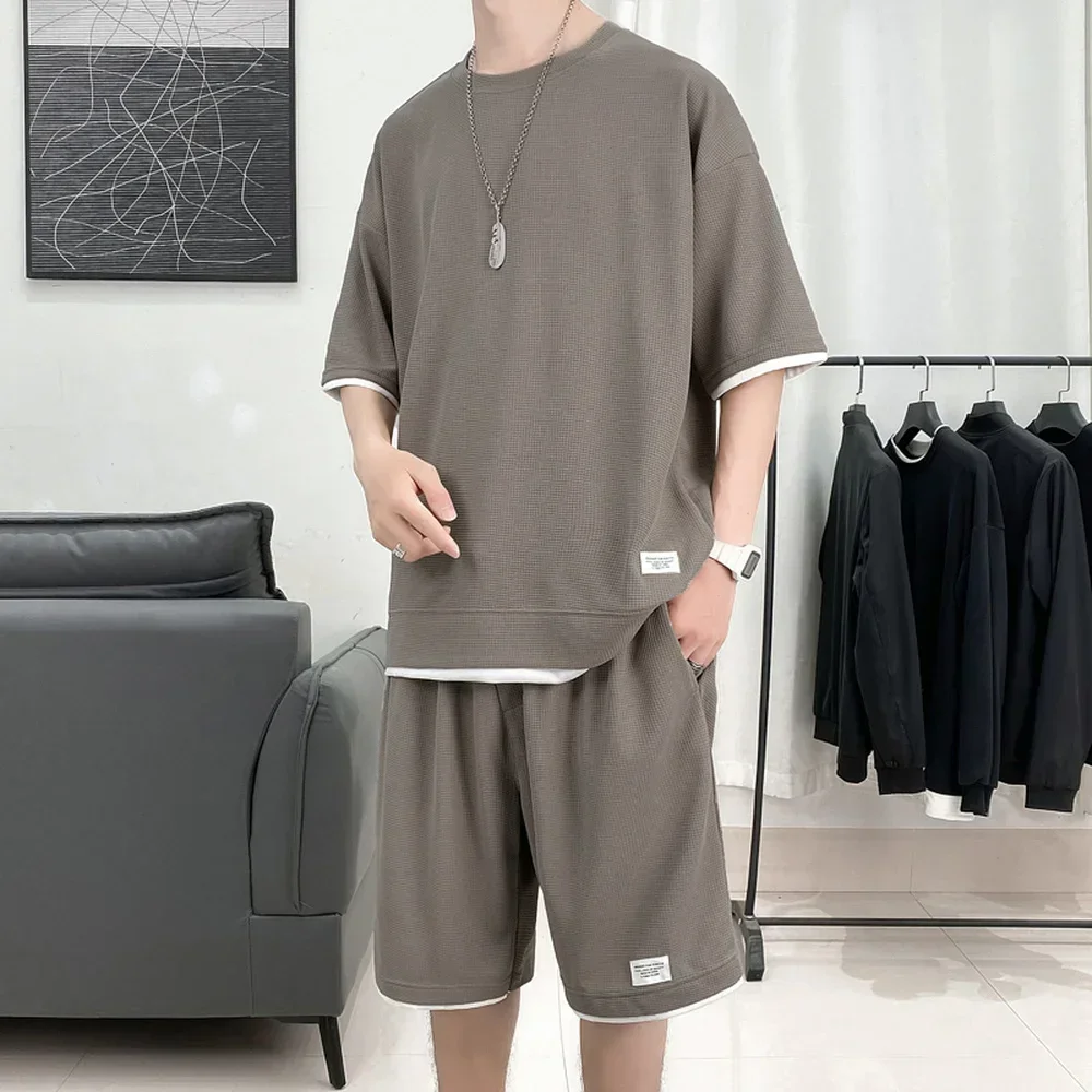 Waffel Muster 2 Stück Männer Shorts Set Sommer Trainingsanzug Männer Mode Kleidung Harajuku Stil Japan Mode Lose Fit Sweatsuit