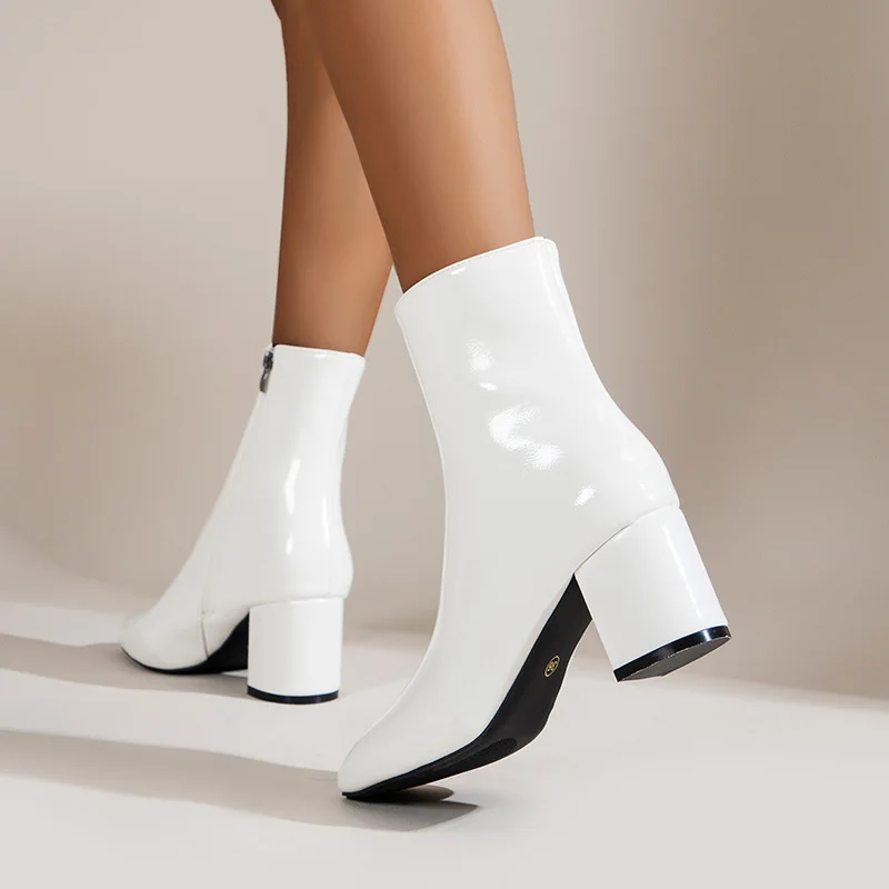 White Ankle Boots for Women 2025 Side Zipper Stretch Middle Heel Large Size Short Boot Fashion Pointed Shoes Botas De Mujer