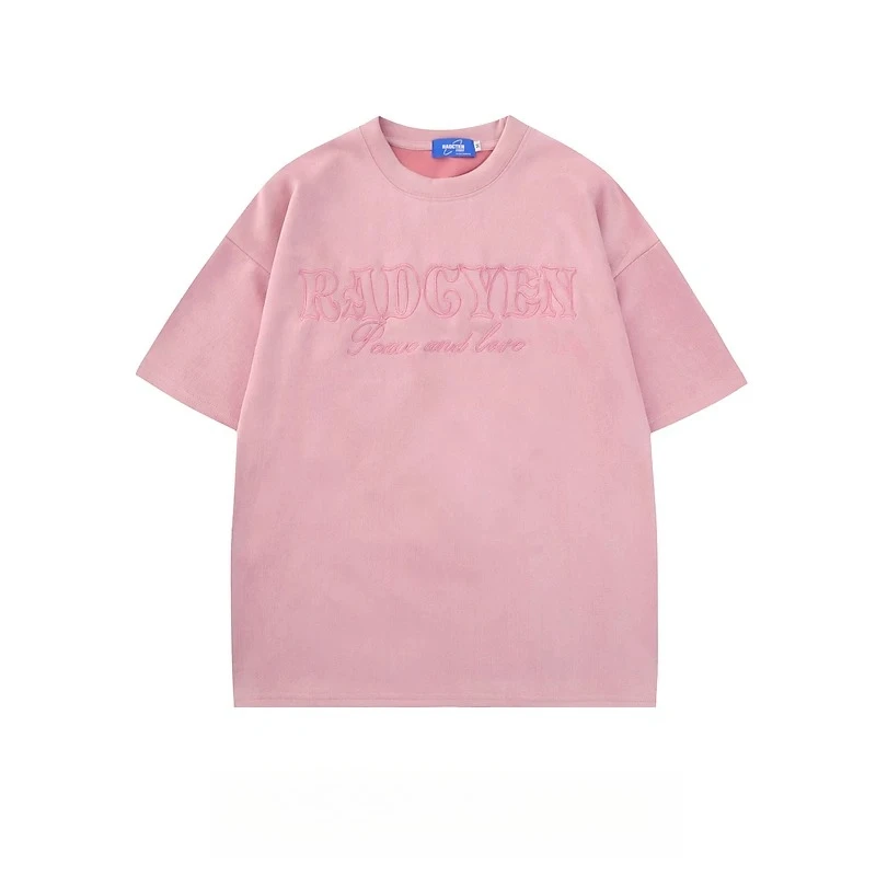 Summer American Retro Pink Thorn Heart Angel Embroidery T-shirt Men Y2K Loose Casual Round Neck Back Letter Streetwear Top