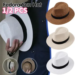 Fashion Men Natural Panama Straw Hat Summer Trendy Beach Sun Hats Solid Color Fedoras Ribbon Casual Cowboy Jazz Cap Gangster Cap 10 meilleurs vendeurs de chapeau Fedora - No 2