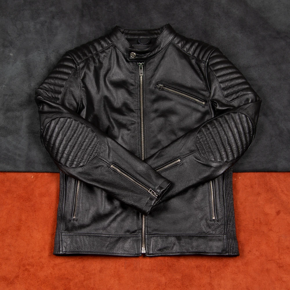 2023 New Top-Layer Cowhide Genuine Leather Jacket Men\'s Slim-Fit Stand-Up Collar Motorcycle Leather Jacket Casual Retro Fashion