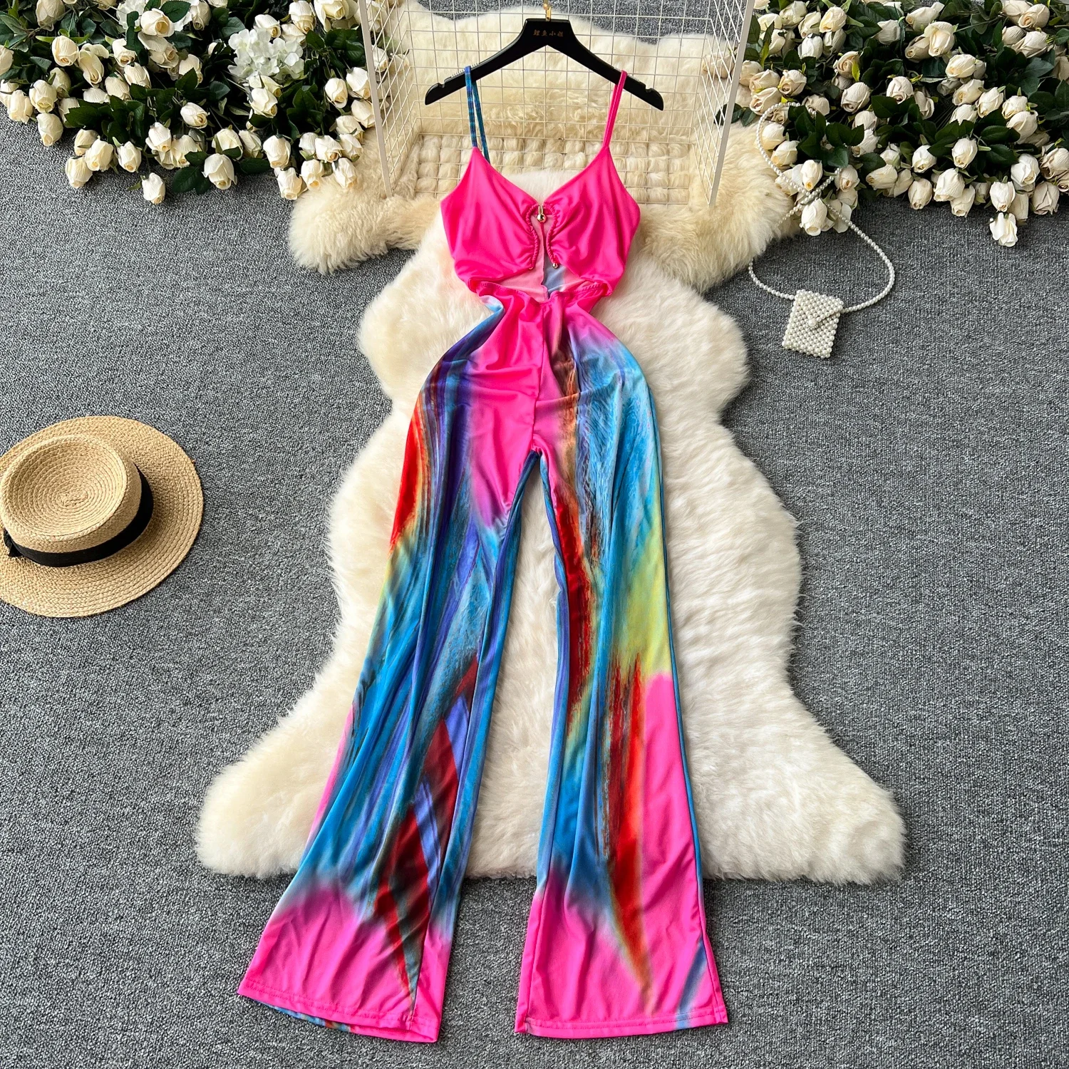 Chic Vintage slip  cut out Top Jumpsuit tie dye print Beach Elegant High Waist Casual Wide Leg Pants Summer Women Playsuit