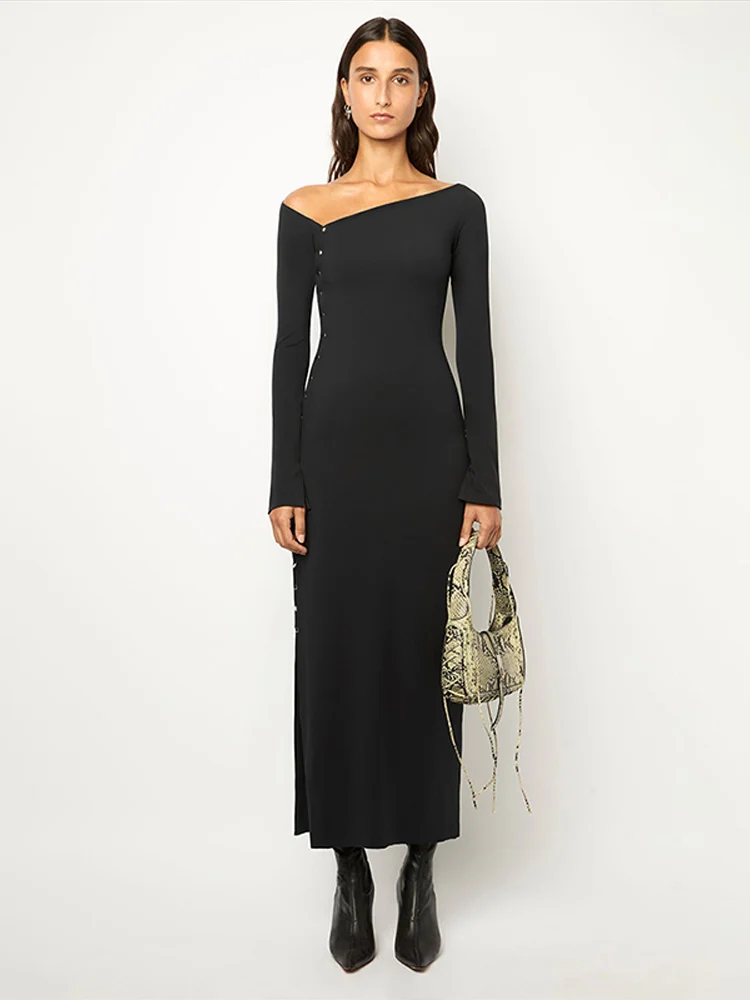 سيدة مثير واحدة الصدر فستان ماكسي خارج الكتف كم كامل الخصر Cinching سليم سبليت فساتين طويلة النساء عطلة رداء حفلات #2