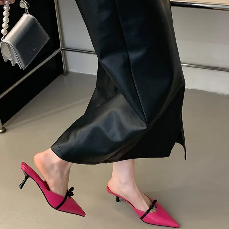 

NEW Spring Design Style Butterfly-knot Woman Slippers Fashion Low Thin Heels Pointed Toe Shallow Ladies Mules Shoes