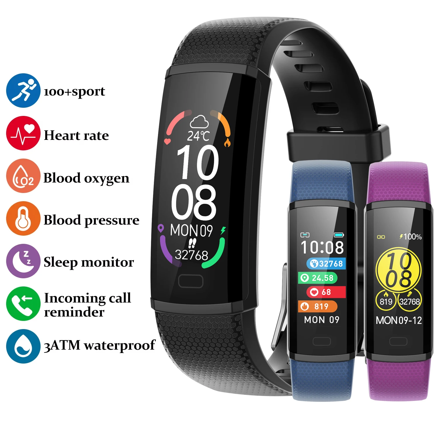 

Smart Sports Bracelet Bluetooth Wristband Heart Rate Monitor 3 ATM Waterproof Fitness Tracker Band Watch For IOS Android Phones