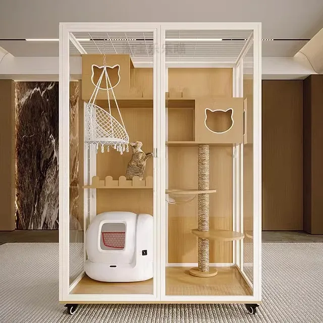 

Panoramic cat villa cat cage customization free three-layer oversized household solid wood villa large indoor glass cat room