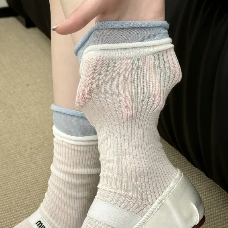 Trendy Dopamine Women Color Block Mid Calf Socks Rolled Cuff Double Ribbed Cuffs Versatile Comfortable louchy Summer Socks 2pcs