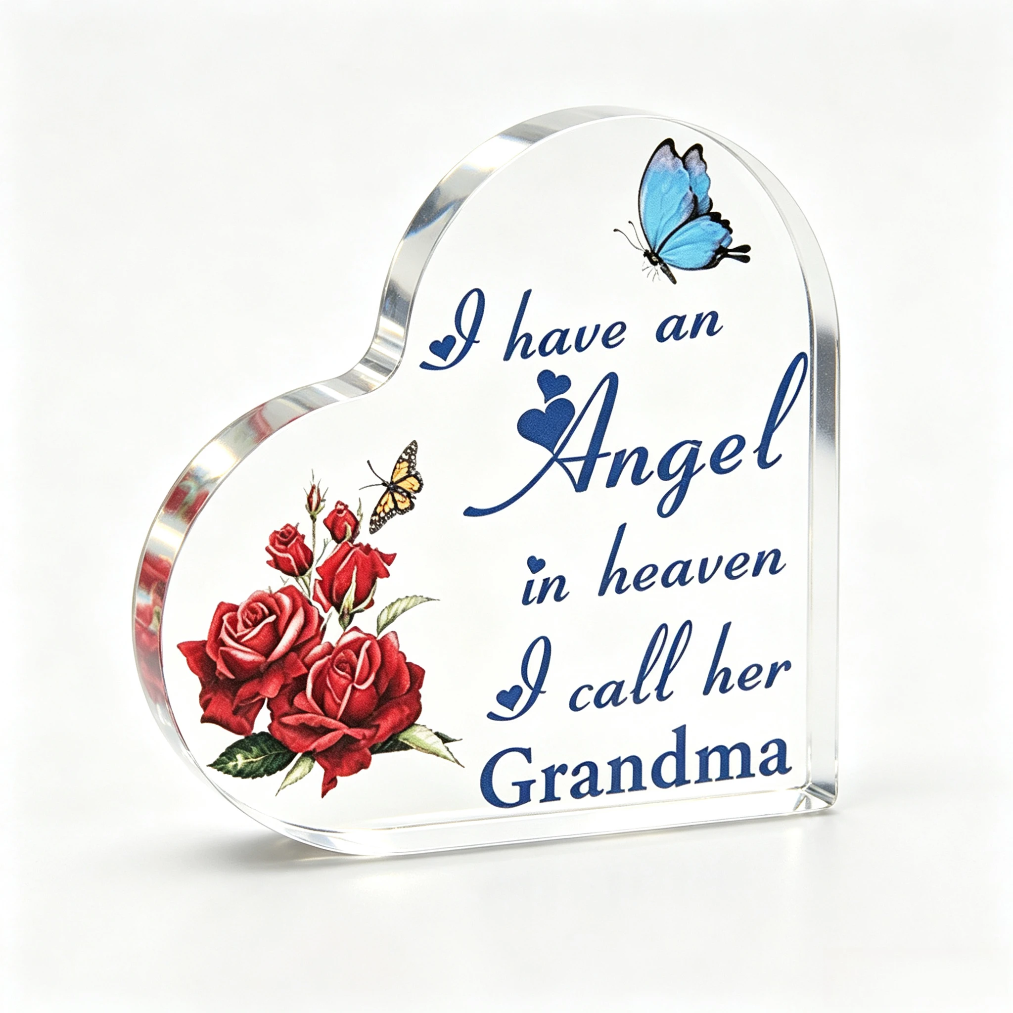 Red Rose Butterfly Heart‑Shaped Acrylic Plaque, Heavenly Grandma Remembrance Desktop Tribute Ornament