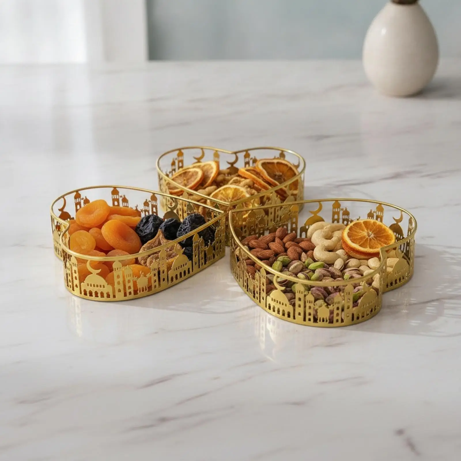 Elegant Gold Metal Serving Tray with Dome Cutout Design for Fruits Sweets Pastries Coffee Table Decor Centerpiece