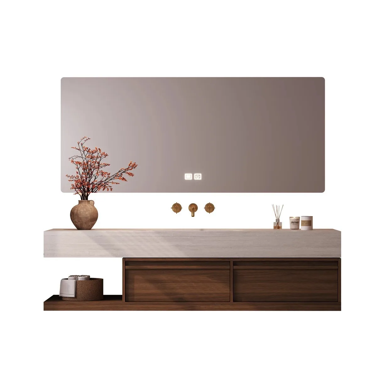 New Chinese Style Rock Plate Hot Bending Integrated Solid Wood Bathroom Cabinet Anti-seepage Ceramic Seamless Basin Wall-Mounted