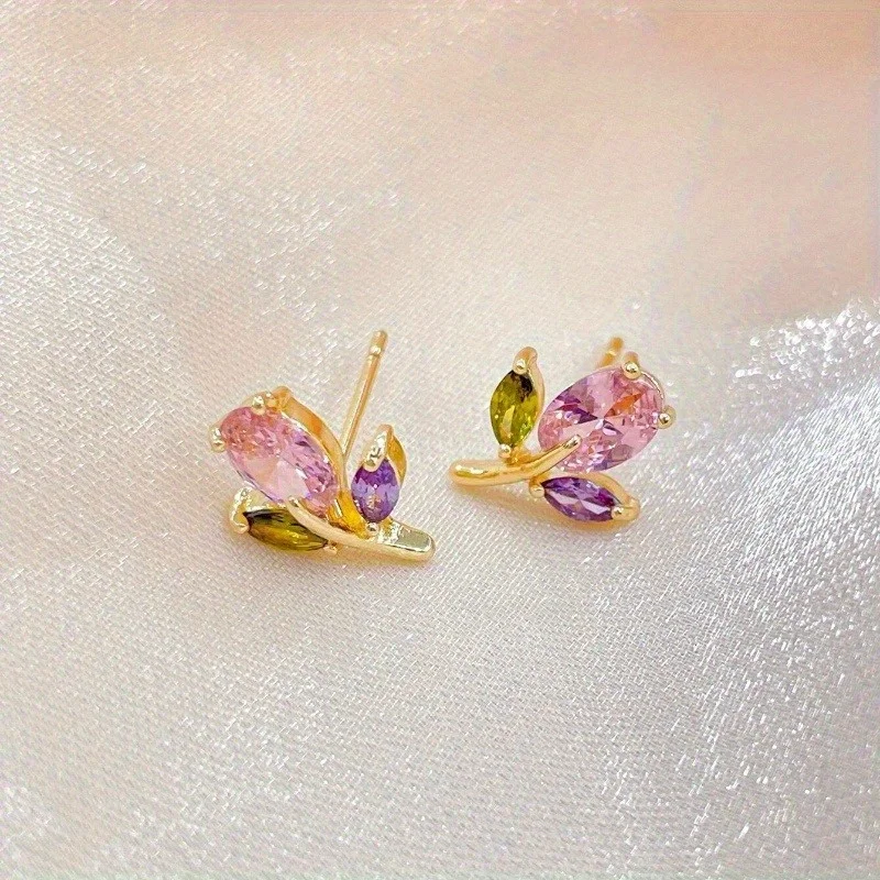 Sweet Versatile Tulip Shape Colorful Zircon Stud Earrings for Women Simple Personalized Party Jewelry Daily Wear Niche Gifts