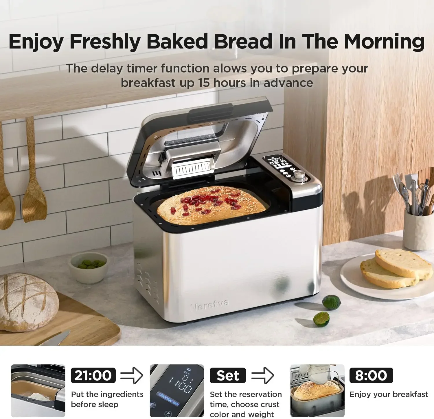 Bread Machine 15-in-1 Stainless Steel & Nonstick Ceramic Pan & Auto Nut Dispenser Bread Maker