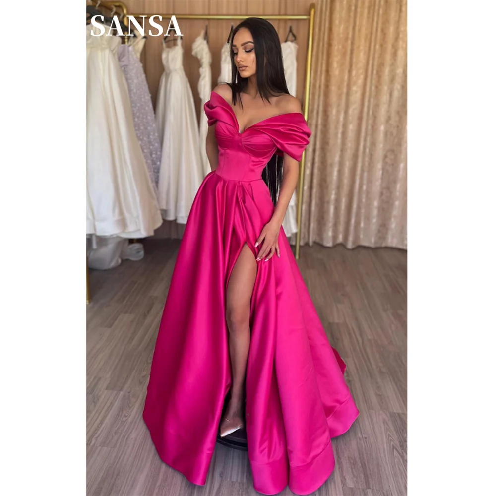 Sansa Fuchsia Off Shoulder A-Line Prom Dress Eenvoudige Satijnen Vestidos De Noche Sexy Korte Mouw Side Split فساتين السهرة