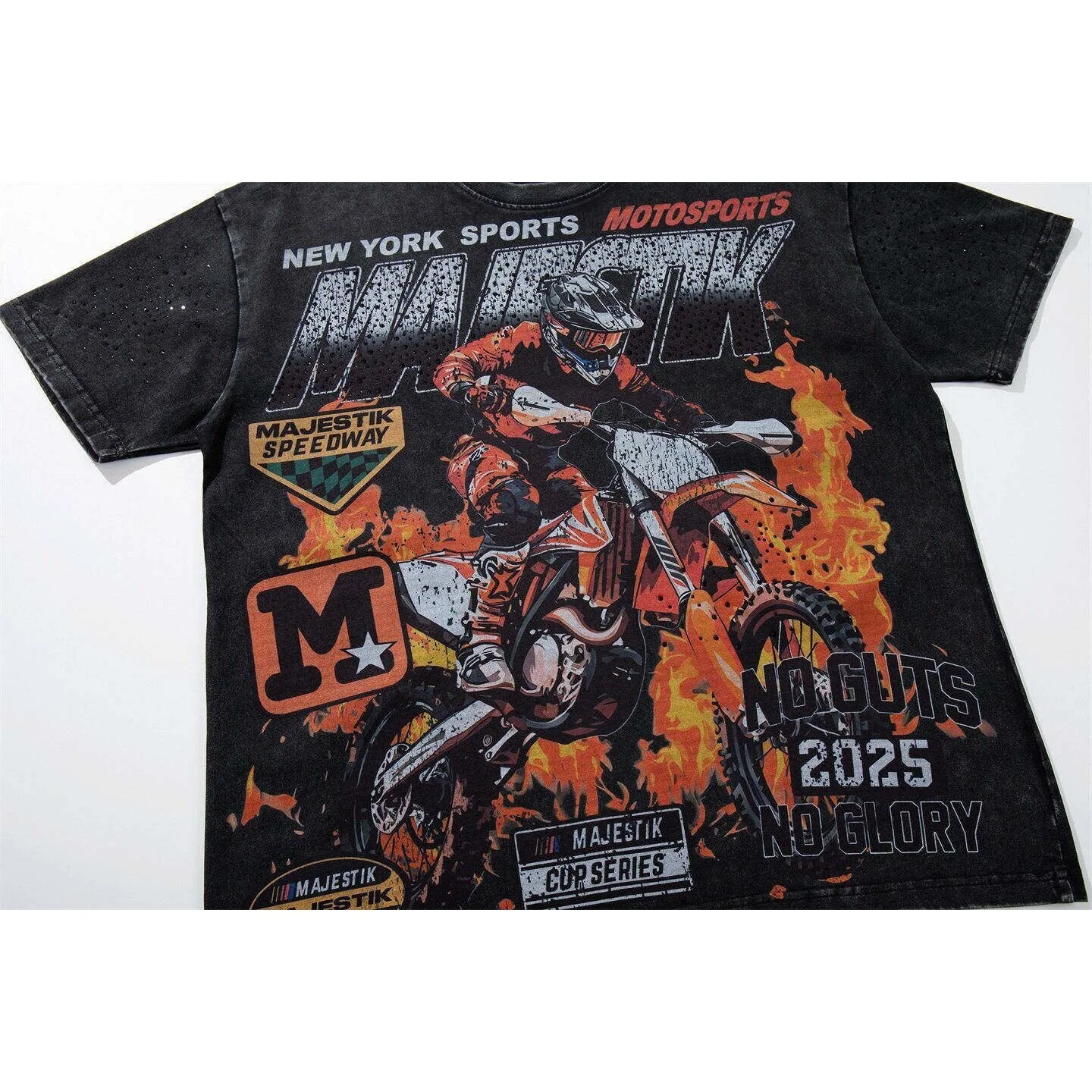 MAJESTIK Retro Motorcycle Print Short-Sleeve Men's and Women's Washed and Weathered Street Style Trendy T-Shirt - Summer