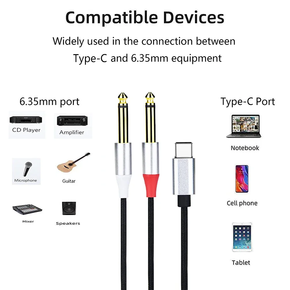 USB Type-C To Dual 6.35mm 1/4 Inch TS Mono Y Insert Cable Stereo Splitter for USB-C Laptop Mobile Phone Tablet To Speaker Mixer