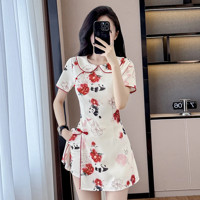 2 piece set New Chinese Style Floral Cheongsam Set - Elegant Qipao Dress & Shorts 2-Piece Outfit with Peter Pan Collar (S-2XL) view 5