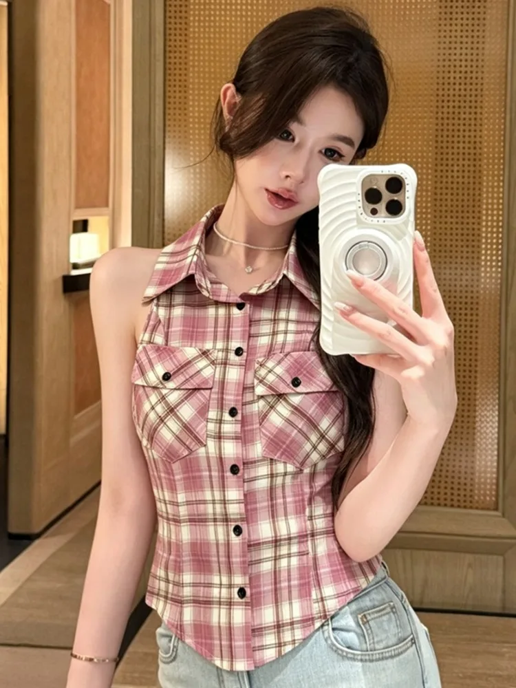 

Retro Korean Plaid Neck Slim Fit Vest Women Summer Pure Desire Belly Knot Belted Top City Walk Shirt Short Style