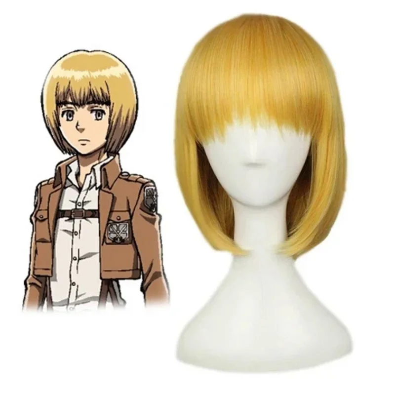 Atta On Titan Armin Arlert Wig Short Silky Straight Boy's Shaggy Layered Yellow Bob Synthetic Cosplay Wigs   Wig Cap