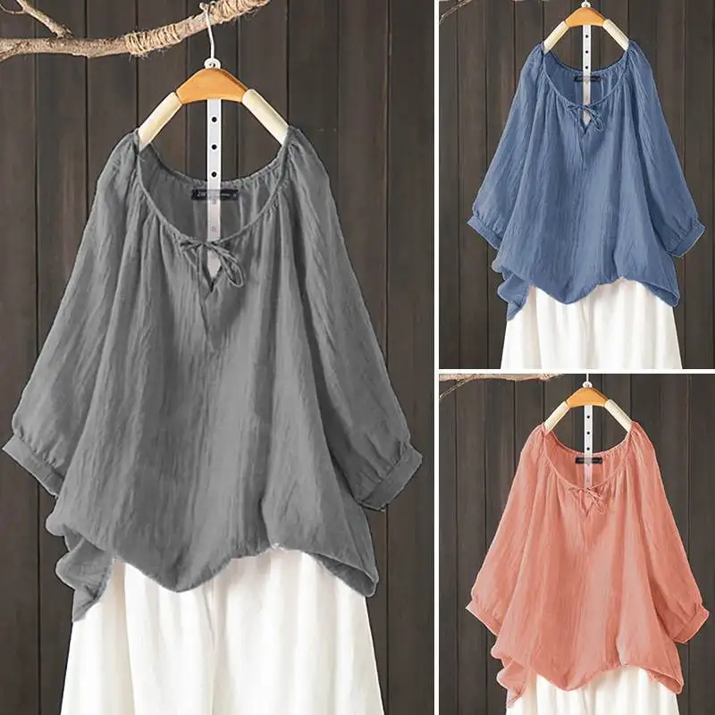 

2025Vintage Women's Summer Blouse Solid Color Three-Quarter Length Sleeve Tops Hollow out Blouse Women's Casual Girdle Cotton Sh