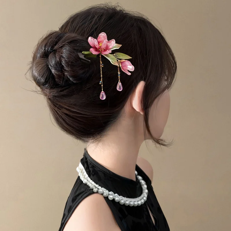 Floral Hair Stick Chinese Style Hairpin, Pink Flower Tassel Retro Traditional Hanfu Elegant Hair Accessory For Women Daily Party