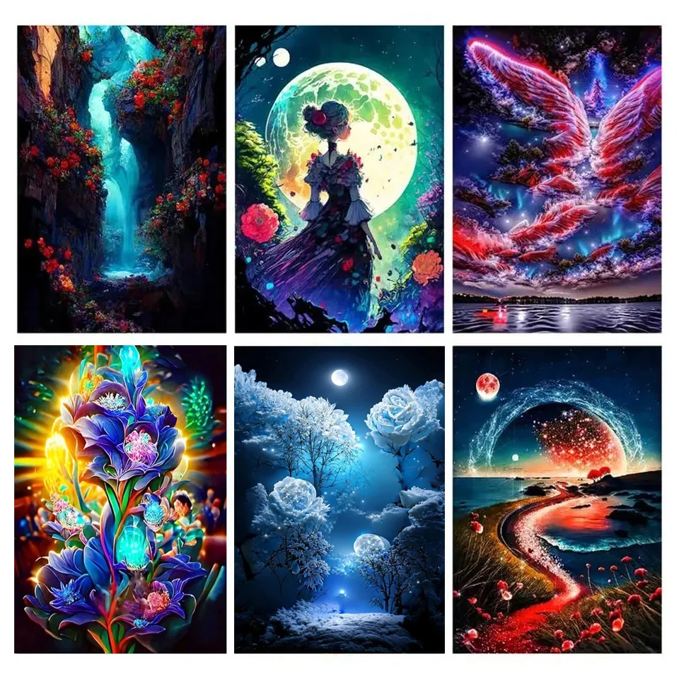 Moon Night Landscape Diy Drill Mosaic  Flowers Diamond Painting Wall Art Pictures Cross Stitch Full Rhinestones Home Decoration