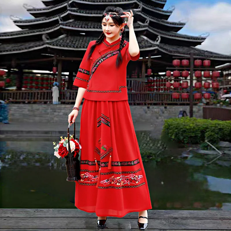 

Spring Summer New Style Women's Ethnic Minority Costume Set Guangxi Performance Yunnan Travel Photography Bu Ethnicity