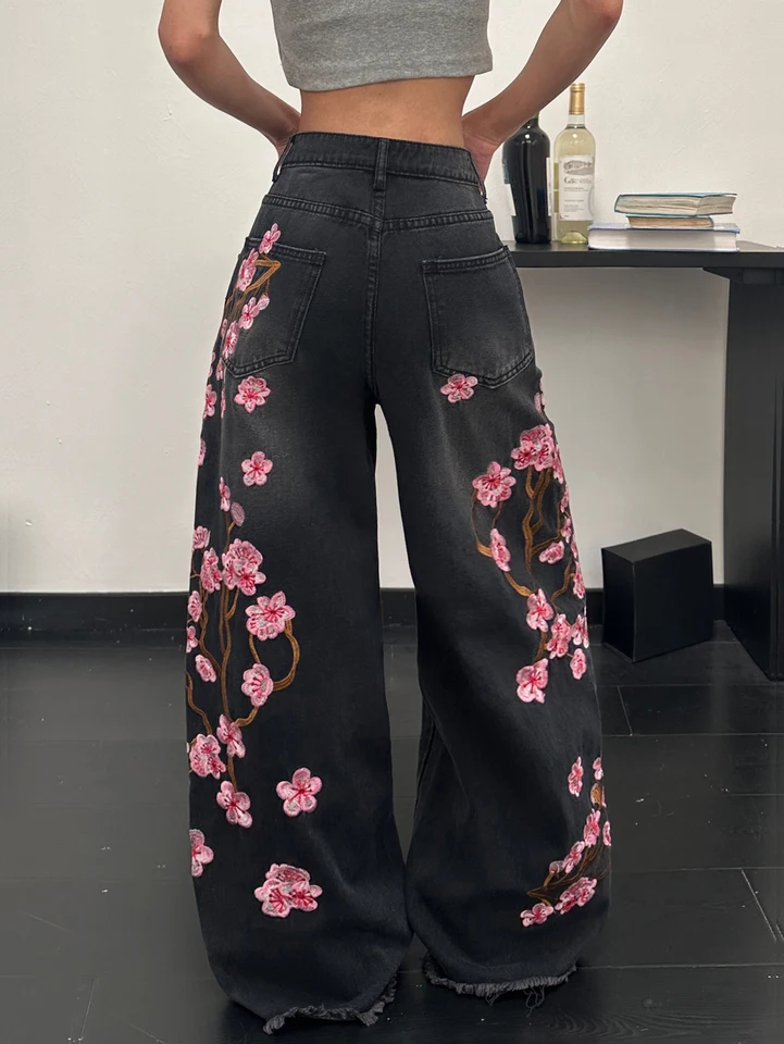 Women's Floral Embroidered High Waisted Wide Leg Jeans