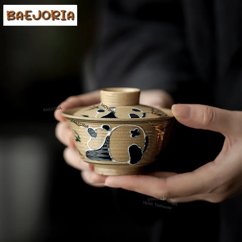 BAEJORIA 90ml Hand Drawn Cute Panda Bamboo Gaiwan Aesthetic Tea Tureen Small Tea Bowl With Lid Kit Tea Maker Cover Bowl Craft
