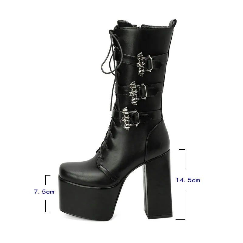 Plus Size 46 Women Mid Calf Boots Platform Thick High Heel Ladies Short Boots Patent PU Leather Square Toe Motorcycle Boots 2022