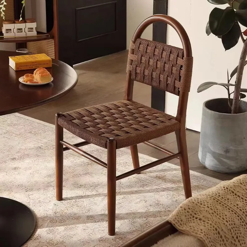 2025 نموذج جديد فرنسي عتيق كرسي طعام من الخشب الصلب حبل منسوج مسند ظهر على الطراز الأمريكي القديم أثاث منزلي للمنزل