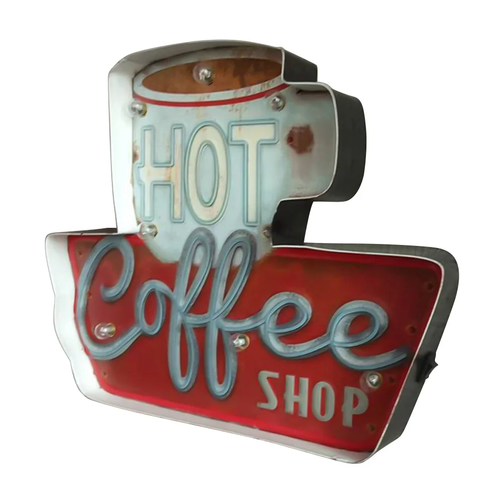 Coffee Shop Embossed Metal Sign Coffee Bar Vintage Decoration Sign with LED Light Metal Wall Decorations for Cafe Bar Restuarant