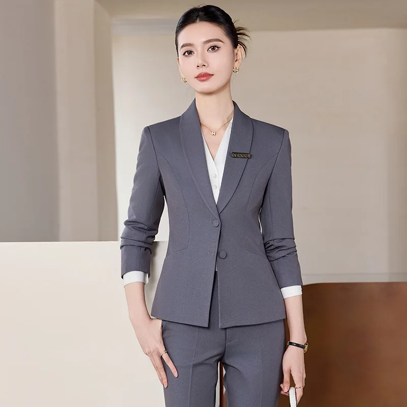 Gray Professional Suit Set for Women, Spring and Autumn, Elegant Hotel Front Desk Uniform, Waiter Workwear, Blazer Jacket