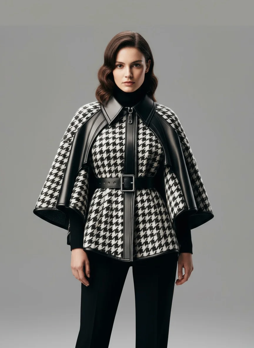 Giacca da donna con motivo pied de poule Maniche a mantella asimmetriche Elegante capispalla da ufficio in pelle PU vintage con giunture per l'inverno