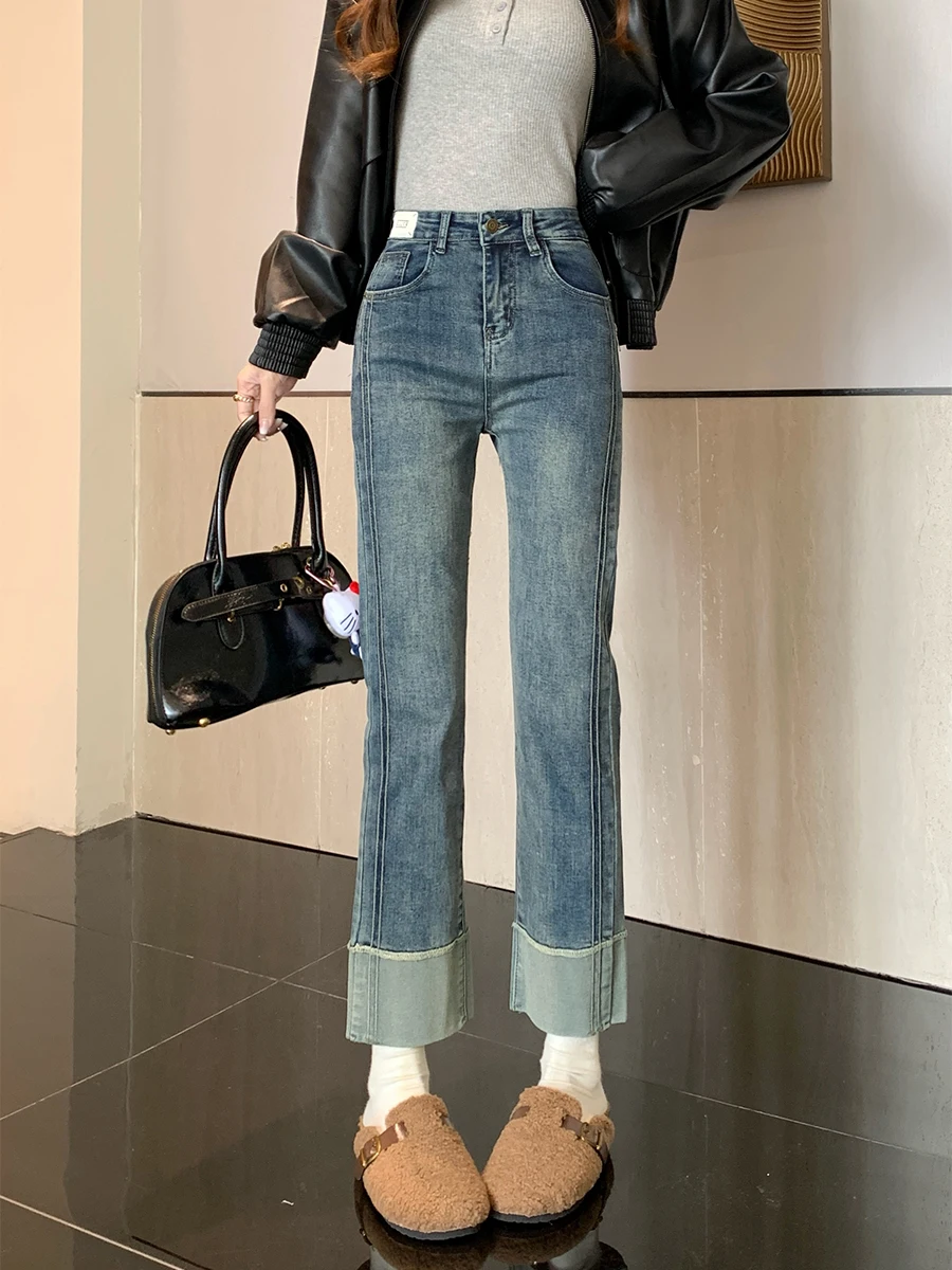

High Waist Elastic Straight Leg Jeans Women's Spring Summer plus Size Pear Shape Body Slimming Ankle Length Denim Pants