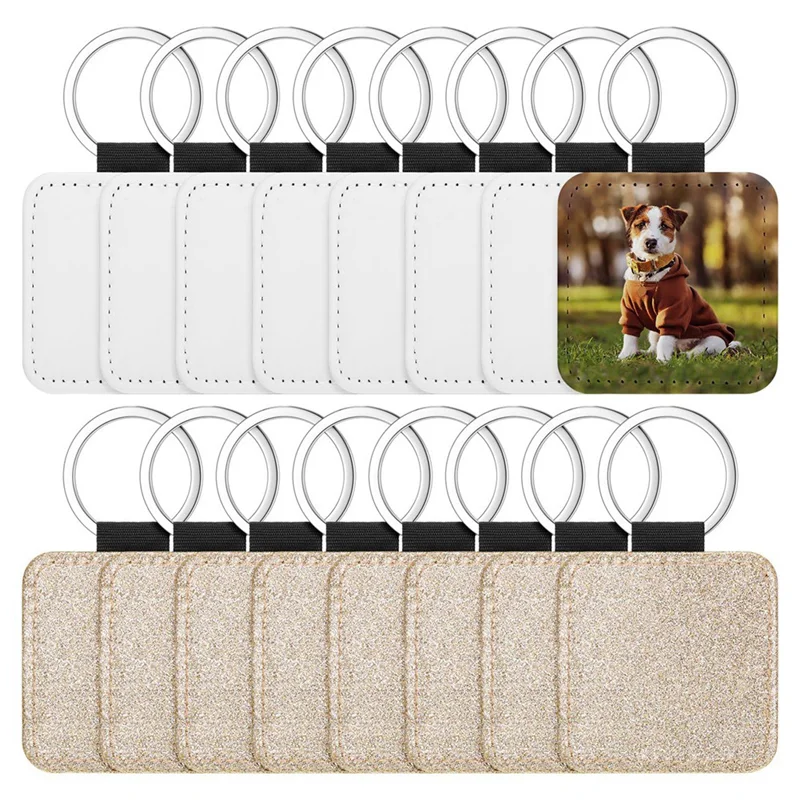 16 Pcs Sublimation Blanks Keychain Glitter PU Leather Keychain Heat Transfer Keyring For DIY Crafts Making,Square Durable-B09B