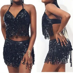 Sexy Sequin Tassel Crop Top Party Show Nightclub Stage Halter Backless Vest Tank Latin Hula Belly Dance Chain Tassel Belts Skirt