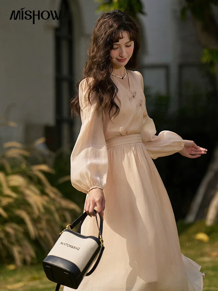 MISHOW French Elegant Dress for Women Spring/Summer A-LINE Puff Sleeve V-Neck Long Sleeve Female Fashion Dresses MXC13L1265