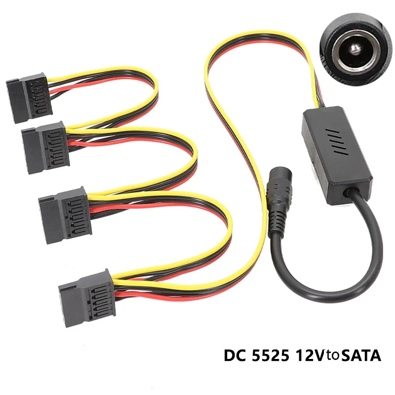 DC to SATA Converter Cable HDD Power Cord for DC5525  to 4 Ports SATA Wire Splitter 5.5X2.5 DC 12V to Big 4Pin PC Sata Adapter